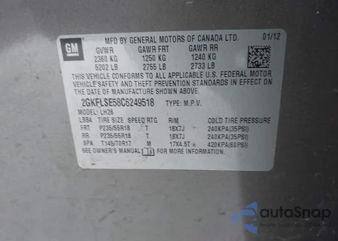 2012 GMC Terrain Sle-2 z USA, uszkodzony, nr VIN 2GKFLSE58C6249518